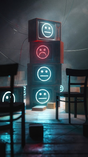 Stack of vintage TVs with emoticons