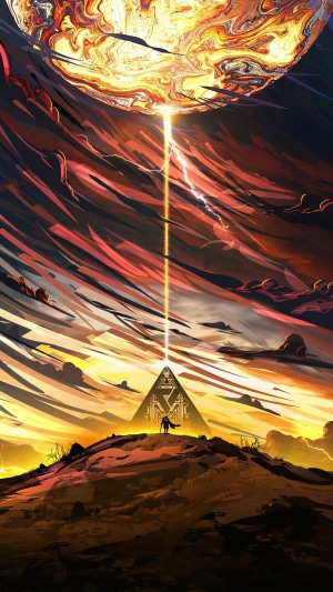 Pyramid with beam of light and person