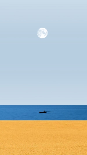 Man in boat on the sea under the moon