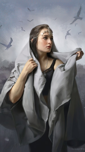 Woman with a grey shawl and a headpiece