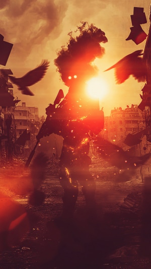 Digital art of a warrior in a ruined city at sunset