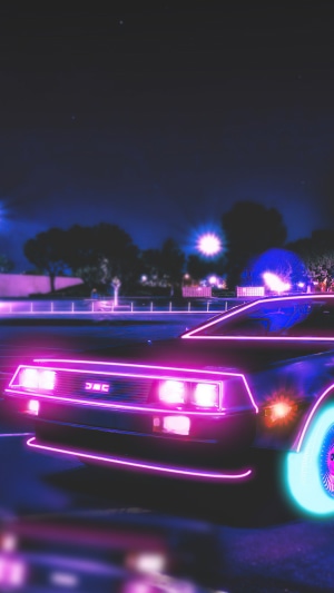 DeLorean with neon lights at night