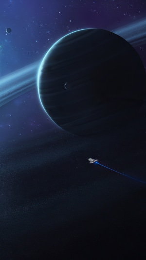 Digital art of a spaceship near a ringed planet