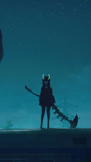 Anime girl with scythe under starry sky
