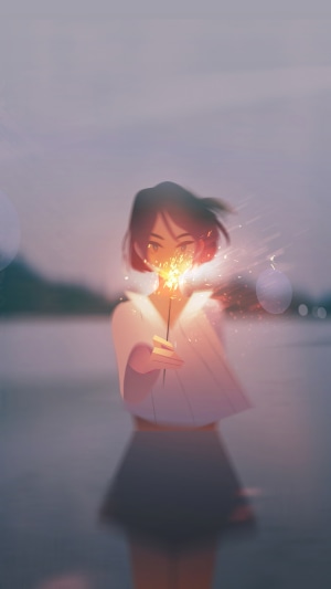 Anime girl with sparkler at dusk