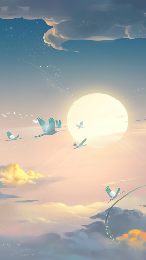 Digital art of cranes flying towards the sun
