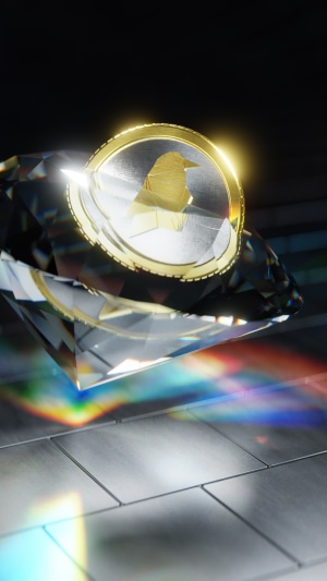Ravencoin cryptocurrency coin on a diamond