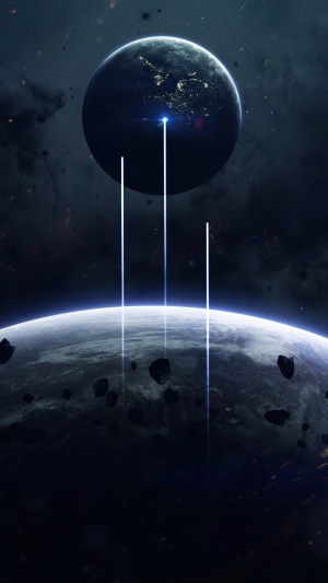 Digital art of planets and light beams in space