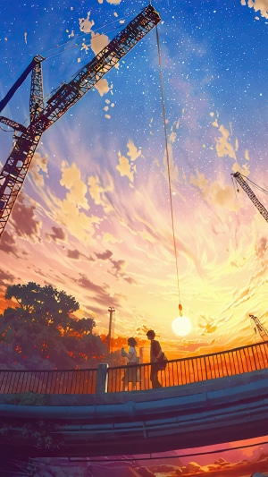 Couple on bridge with cranes at sunset