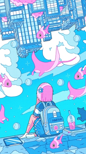 Girl with backpack and flying fish