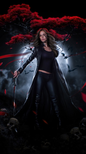 Woman with sword and skulls