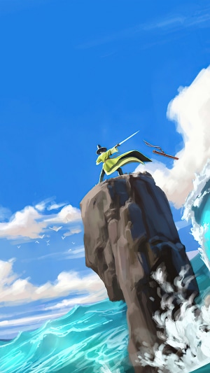 A figure in a green coat on a rock with a sword