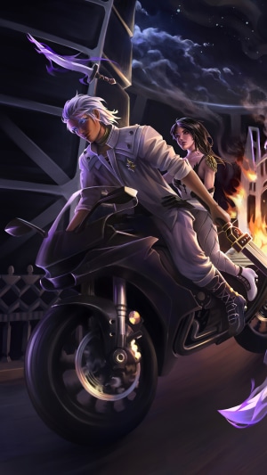 Anime couple riding a motorcycle at night