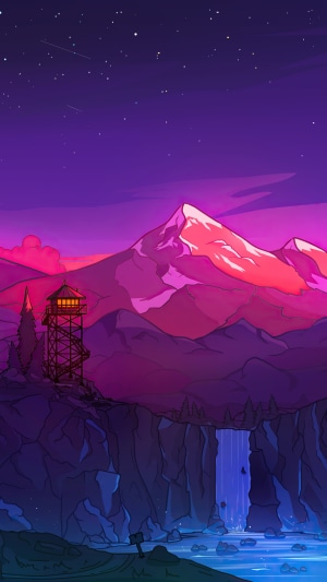 Minimalist mountain landscape with watchtower and waterfall
