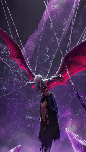 A chained angel with red wings in a cave