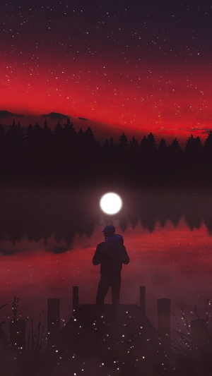 Man carrying child on shoulders by lake at night
