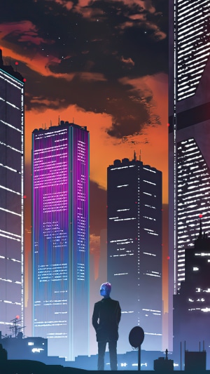 Man in suit looking at neon skyscrapers at sunset
