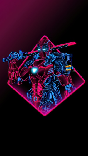 Deadpool in neon cyberpunk armor holding a sword