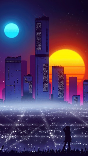 Synthwave cityscape with dual suns and a lone figure