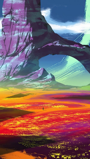 Digital art of a surreal alien landscape with a lone figure