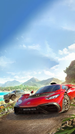 Forza Horizon 5: Red Mercedes-AMG ONE and gray truck