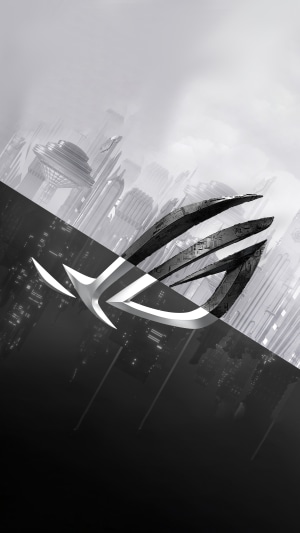 Republic of Gamers logo over futuristic city