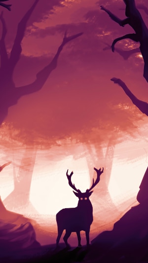 Silhouette of a deer with glowing eyes in a forest