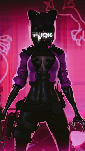 Cyberpunk character with cat ears helmet and purple jacket