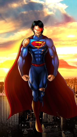 Superman flying over a city at sunset