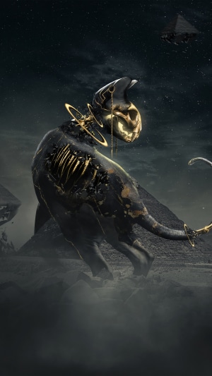Digital artwork of a skeletal creature with golden accents