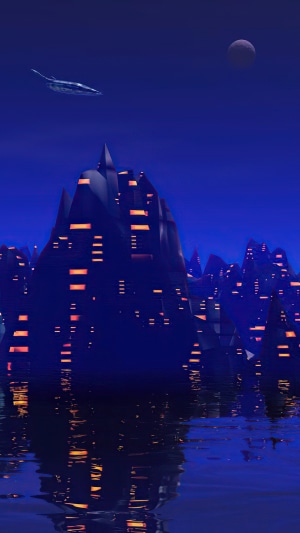 Futuristic Cityscape at Night with Spaceship and Moon