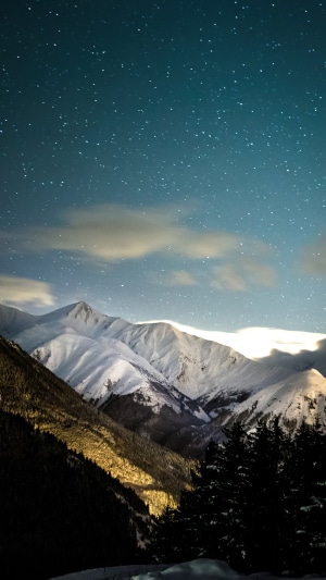 Snowy mountains under a starry night sky
