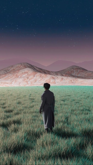 Man in trench coat in field under starry sky
