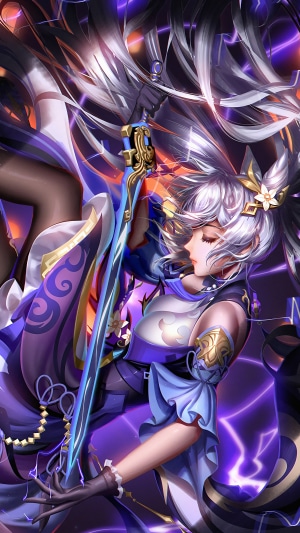 Fantasy girl with sword and purple lightning