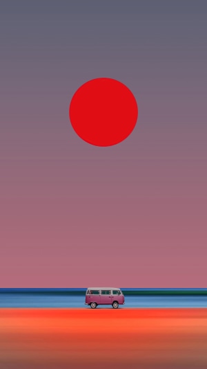 Minimalist artwork of a van on a beach at sunset