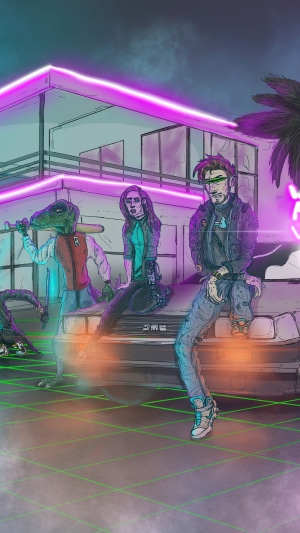 Synthwave artwork with characters and DeLorean