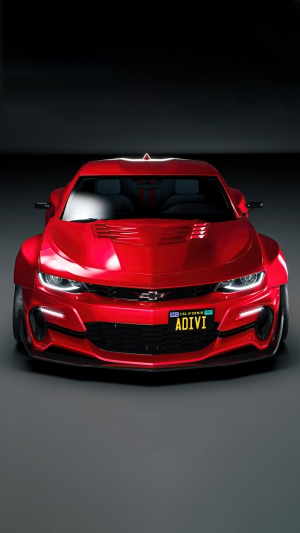 Red Chevrolet Camaro with ADIVI license plate