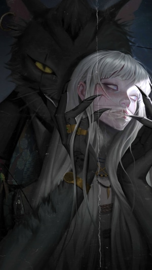 Dark fantasy art of a girl and a cat demon