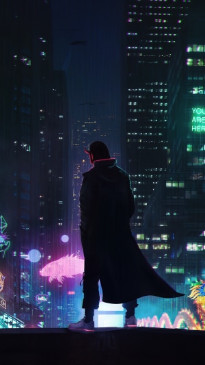Cyberpunk character in a neon city at night