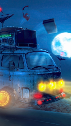 Retro van with boombox and satellite dish