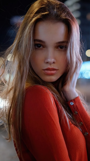 Young woman with long blonde hair in red sweater