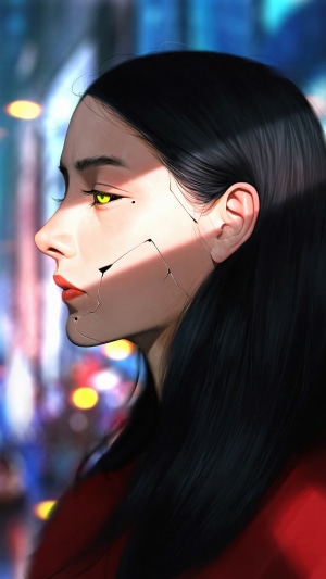 Cyborg woman with yellow eyes in a city