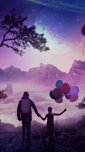 Father and child with balloons in a fantasy landscape