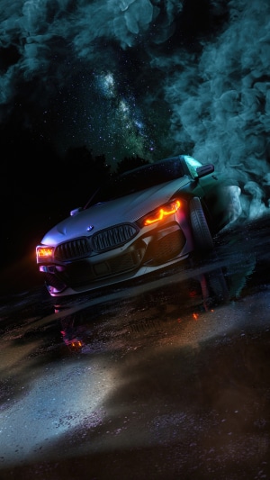 BMW M8 drifting with smoke and stars