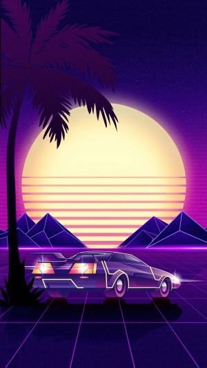 Retrowave artwork with a sports car and palm tree