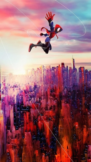 Spider-Man Miles Morales jumping over a city at sunset