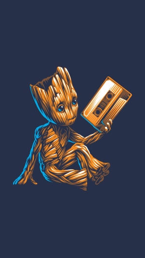 Baby Groot from Guardians of the Galaxy holding a cassette tape