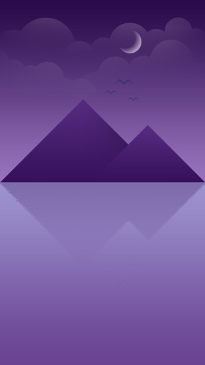 Minimalist purple mountains reflected in water under a crescent moon