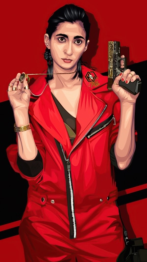 Woman in red jumpsuit holding a gun and necklace