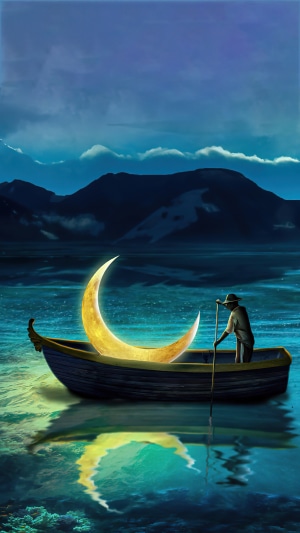 Man in boat with crescent moon artwork